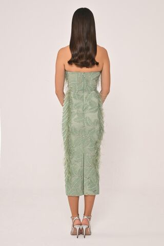 Straplez Boncuklu Otrişli Midi Elbise SUYEŞİLİ - 36