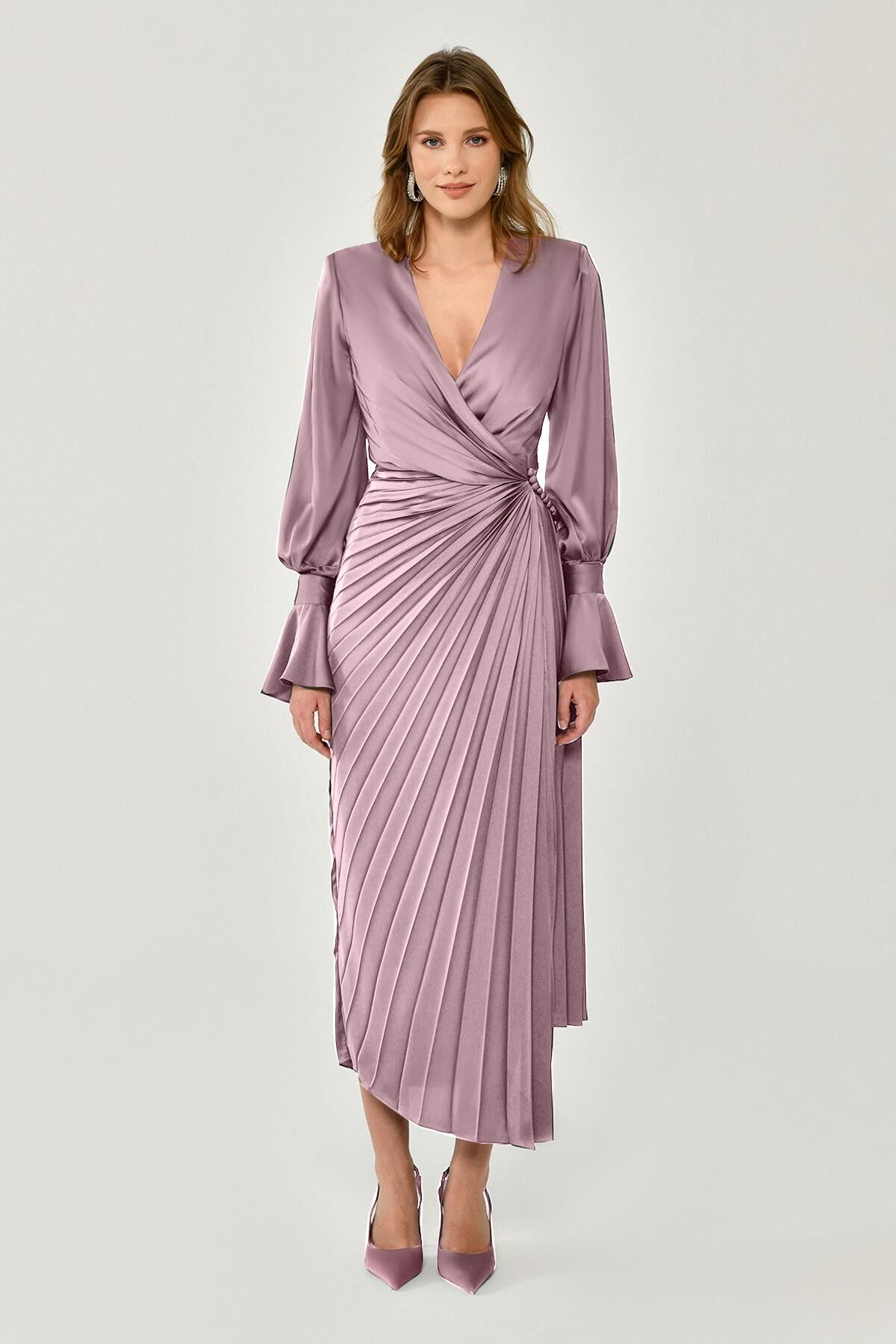 Uzun Kol V Yaka Pliseli Saten Midi Elbise AÇIK LİLA - 42