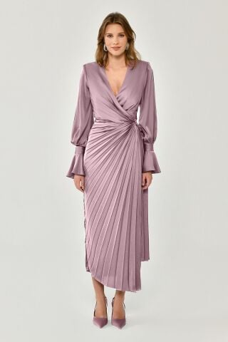 Uzun Kol V Yaka Pliseli Saten Midi Elbise AÇIK LİLA - 42