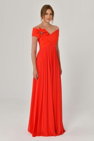 Düşük Omuz Çiçek Aksesuarlı Şifon Uzun Elbise ORANGE - 38