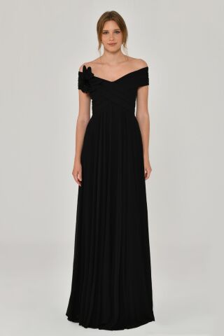 Düşük Omuz Çiçek Aksesuarlı Şifon Uzun Elbise Siyah - 38