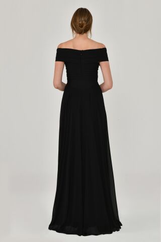 Düşük Omuz Çiçek Aksesuarlı Şifon Uzun Elbise Siyah - 38