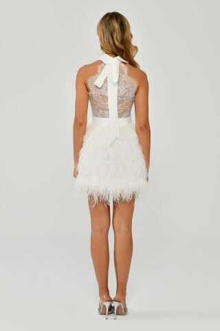 Halter Yaka Sırt Dantelli Eteği Tüylü Kısa Elbise Beyaz - 36
