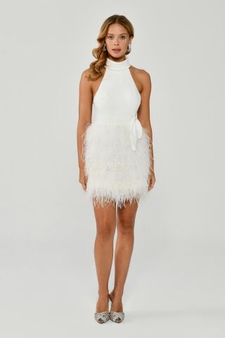 Halter Yaka Sırt Dantelli Eteği Tüylü Kısa Elbise Beyaz - 38