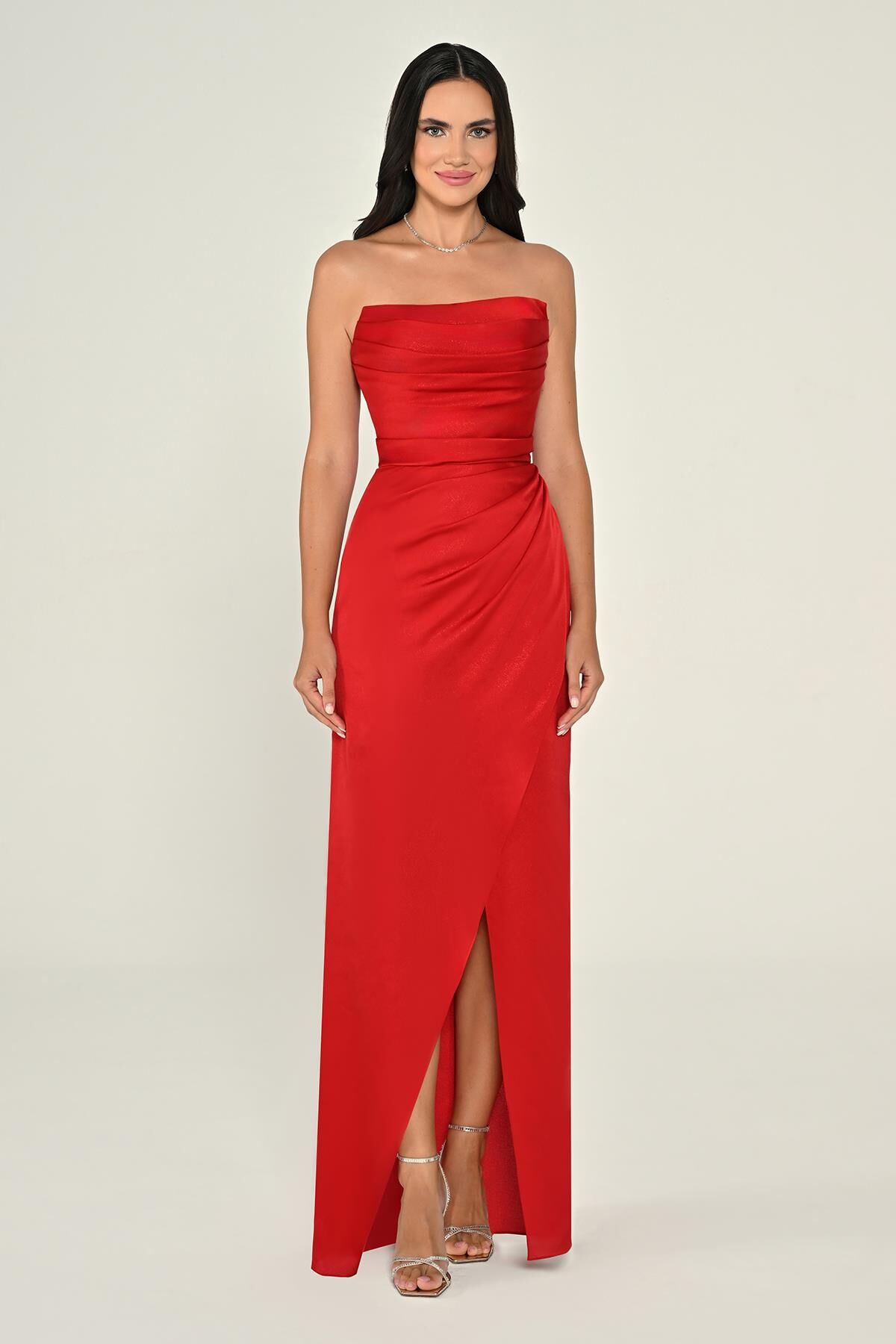 Srtaplez Drapeli Simli Kumaş Uzun Elbise