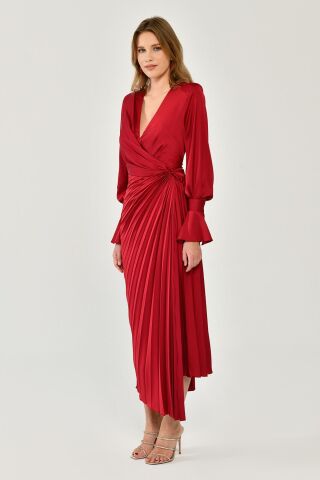 Uzun Kol V Yaka Pliseli Saten Midi Elbise Bordo - 46