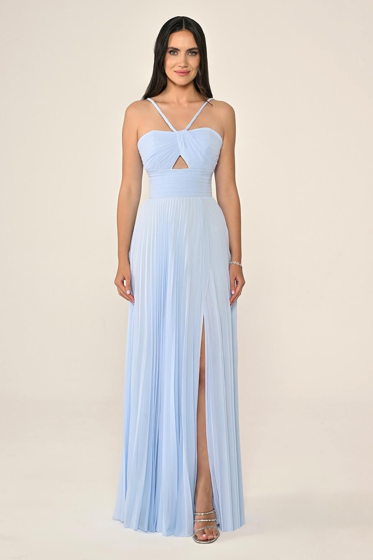 Örgü Askılı Pileli Şifon Uzun Elbise BEBE MAVİ - 38