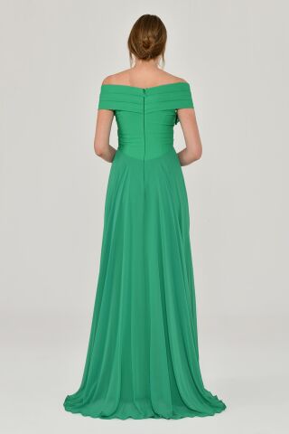 Düşük Omuz Çiçek Aksesuarlı Şifon Uzun Elbise Yeşil - 42