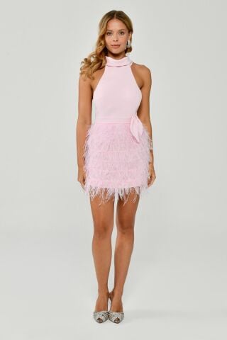Halter Yaka Sırt Dantelli Eteği Tüylü Kısa Elbise Pembe - 42