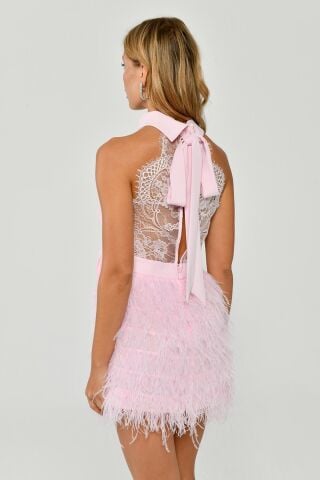 Halter Yaka Sırt Dantelli Eteği Tüylü Kısa Elbise Pembe - 42