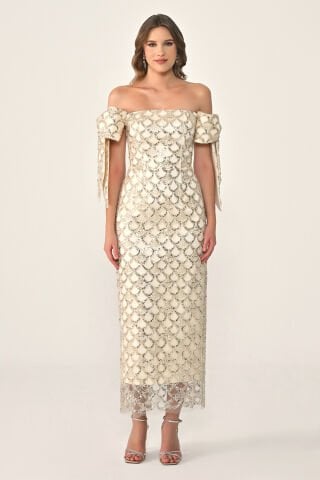 Kurdelalı Düşük Kol Payet Midi Elbise