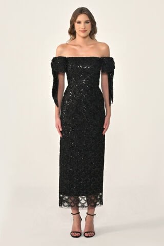 Kurdela Düşük Kol Payet Midi Elbise