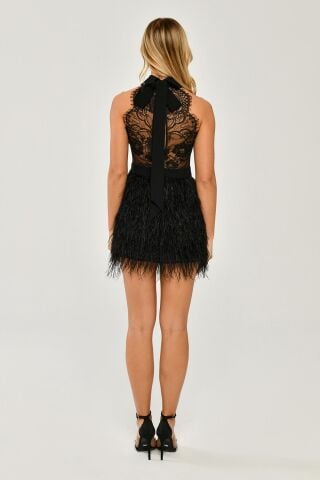 Halter Yaka Sırt Dantelli Eteği Tüylü Kısa Elbise Siyah - 36