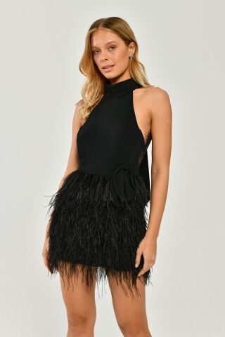 Halter Yaka Sırt Dantelli Eteği Tüylü Kısa Elbise Siyah - 40