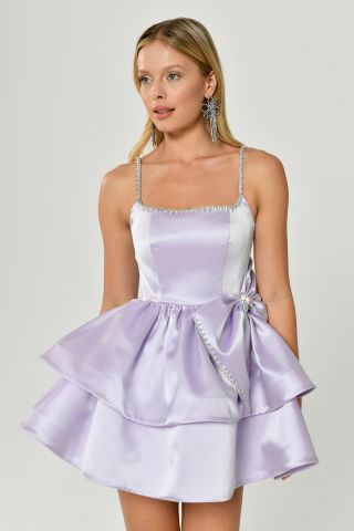 Askılı Şerit Aksesuarlı Katlı Etek Parlak Kumaş Kısa Elbise Lila - 42