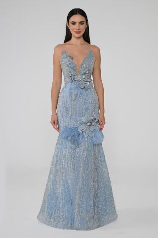 Langes Kleid mit tiefem V-Ausschnitt und Pailletten und Blumen-Accessoires BLAU - 38