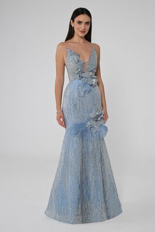 Langes Kleid mit tiefem V-Ausschnitt und Pailletten und Blumen-Accessoires BLAU - 38