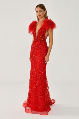 Omzu Otrişli Taşlı Uzun Elbise Kırmızı - 40