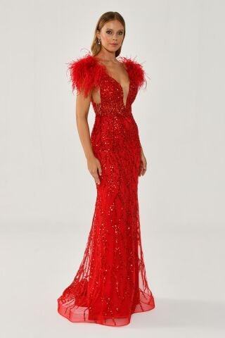 Omzu Otrişli Taşlı Uzun Elbise Kırmızı - 40