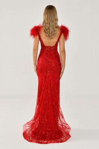 Omzu Otrişli Taşlı Uzun Elbise Kırmızı - 40