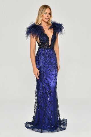 Omzu Otrişli Taşlı Uzun Elbise Mor - 38