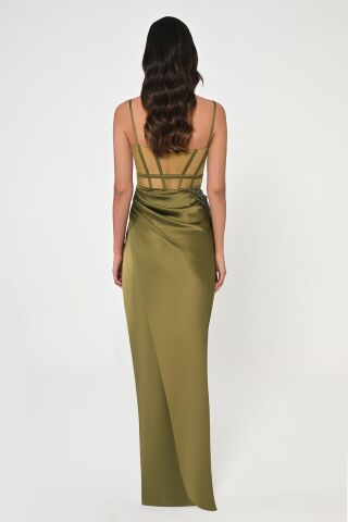 İp Askılı Korse Bel Önden Yırtmaçlı Saten Uzun Elbise Nefti - 40