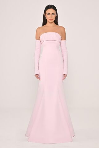 Straplez Yaka ve Kol Taşlı File Krep Uzun Elbise Pembe - 44