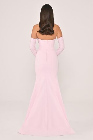 Straplez Yaka ve Kol Taşlı File Krep Uzun Elbise Pembe - 44