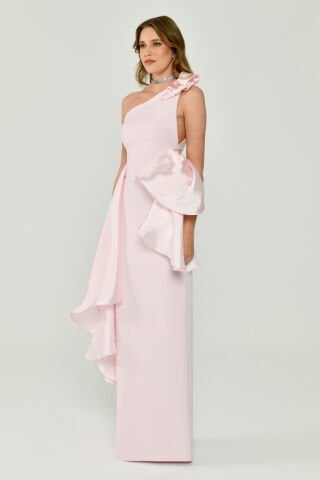 One Shoulder Ruffle Shiny Fabric Accessory Long Dress