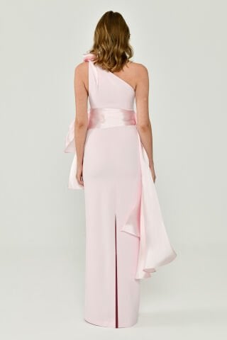 One Shoulder Ruffle Shiny Fabric Accessory Long Dress