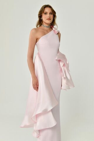 One Shoulder Ruffle Shiny Fabric Accessory Long Dress