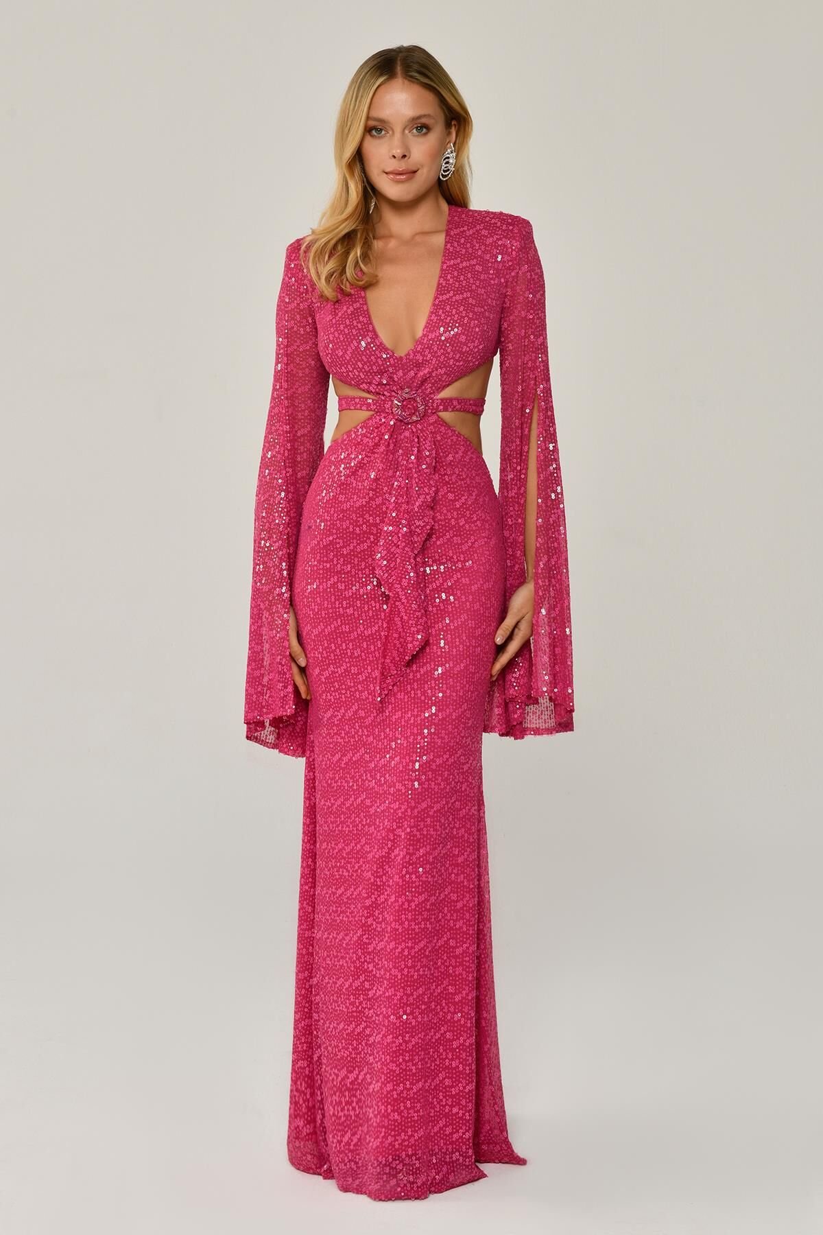 Dökümlü Uzun Kol V Yaka Payetli Uzun Elbise Fuşya - 40