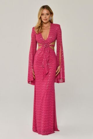 Dökümlü Uzun Kol V Yaka Payetli Uzun Elbise Fuşya - 40