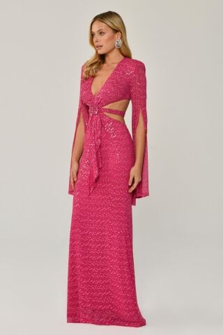 Dökümlü Uzun Kol V Yaka Payetli Uzun Elbise Fuşya - 40