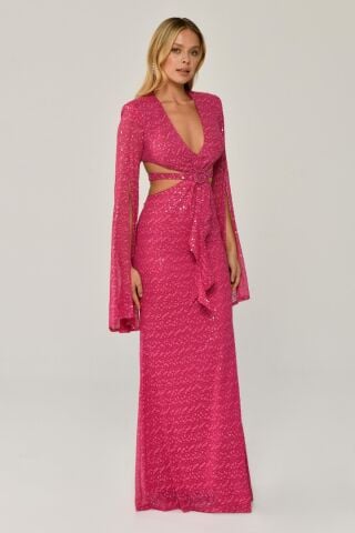 Dökümlü Uzun Kol V Yaka Payetli Uzun Elbise Fuşya - 40