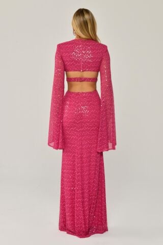 Dökümlü Uzun Kol V Yaka Payetli Uzun Elbise Fuşya - 40