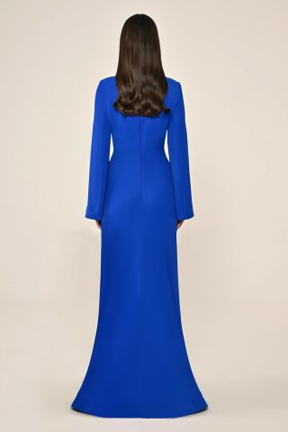 V Yaka Beli Çiçek Aksesuarlı Krep Uzun Elbise SAKS - 48