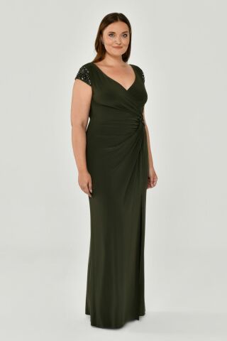 V Yaka Kısa Kollu Beli Aksesuarlı Yırtmaçlı Uzun Elbise Nefti - 46