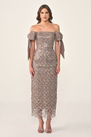Kurdelalı Düşük Kol Payet Midi Elbise VİZON - 40