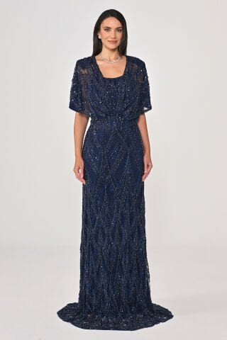 Şal Kol Boncuk Payetli Uzun Elbise