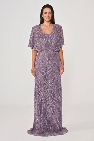 Şal Kol Boncuk Payetli Uzun Elbise