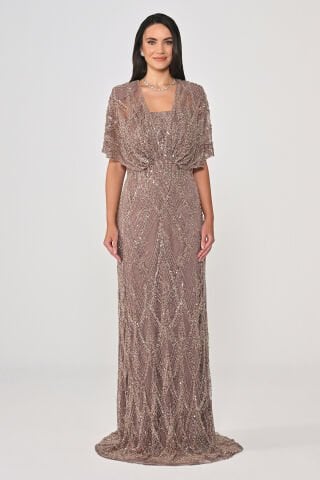 Şal Kol Boncuk Payetli Uzun Elbise
