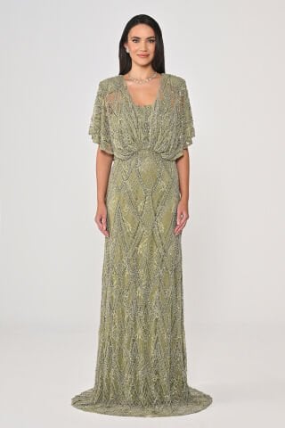 Şal Kol Boncuk Payetli Uzun Elbise