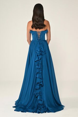 Trägerloses, langes Chiffonkleid mit Rüschen und doppeltem Schlitz PETROL – 40
