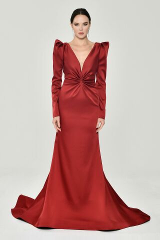 Uzun Kollu Vatkalı Önü Büzgülü Saten Uzun Elbise Bordo - 44