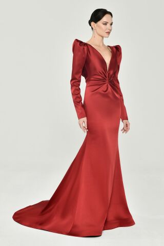 Uzun Kollu Vatkalı Önü Büzgülü Saten Uzun Elbise Bordo - 44