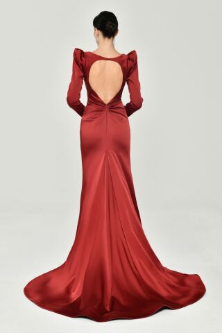 Uzun Kollu Vatkalı Önü Büzgülü Saten Uzun Elbise Bordo - 44