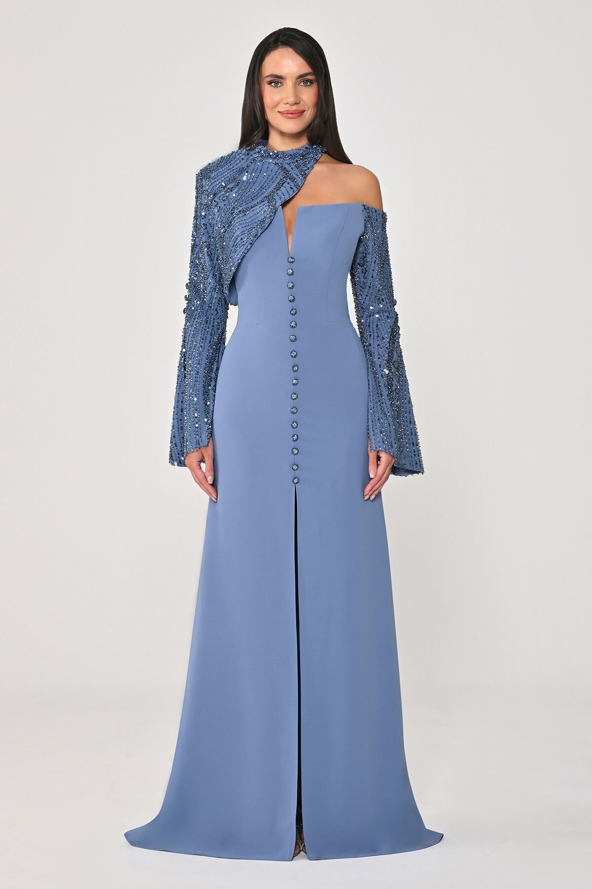 Payet Kollu Bolerolu Önden Düğmeli Krep Uzun Elbise