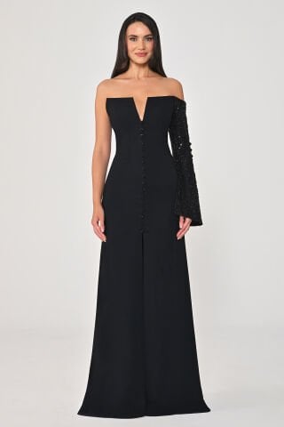 Payet Kollu Bolerolu Önden Düğmeli Krep Uzun Elbise