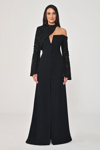 Payet Kollu Bolerolu Önden Düğmeli Krep Uzun Elbise